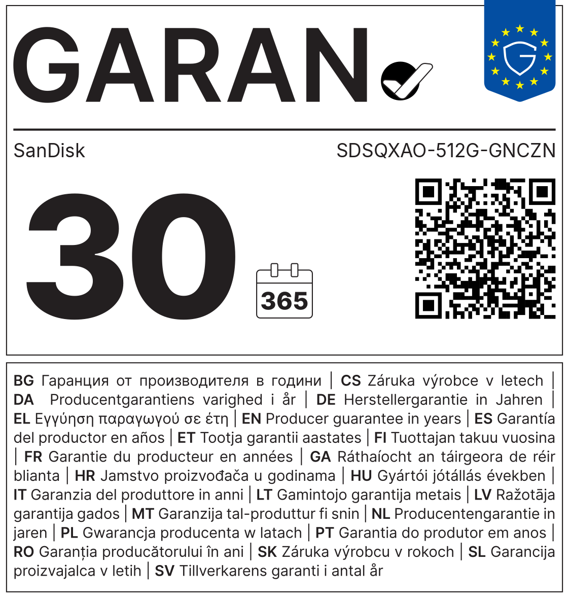 GARAN-Label: Herstellergarantie SanDisk SDSQXAO-512G-GNCZN