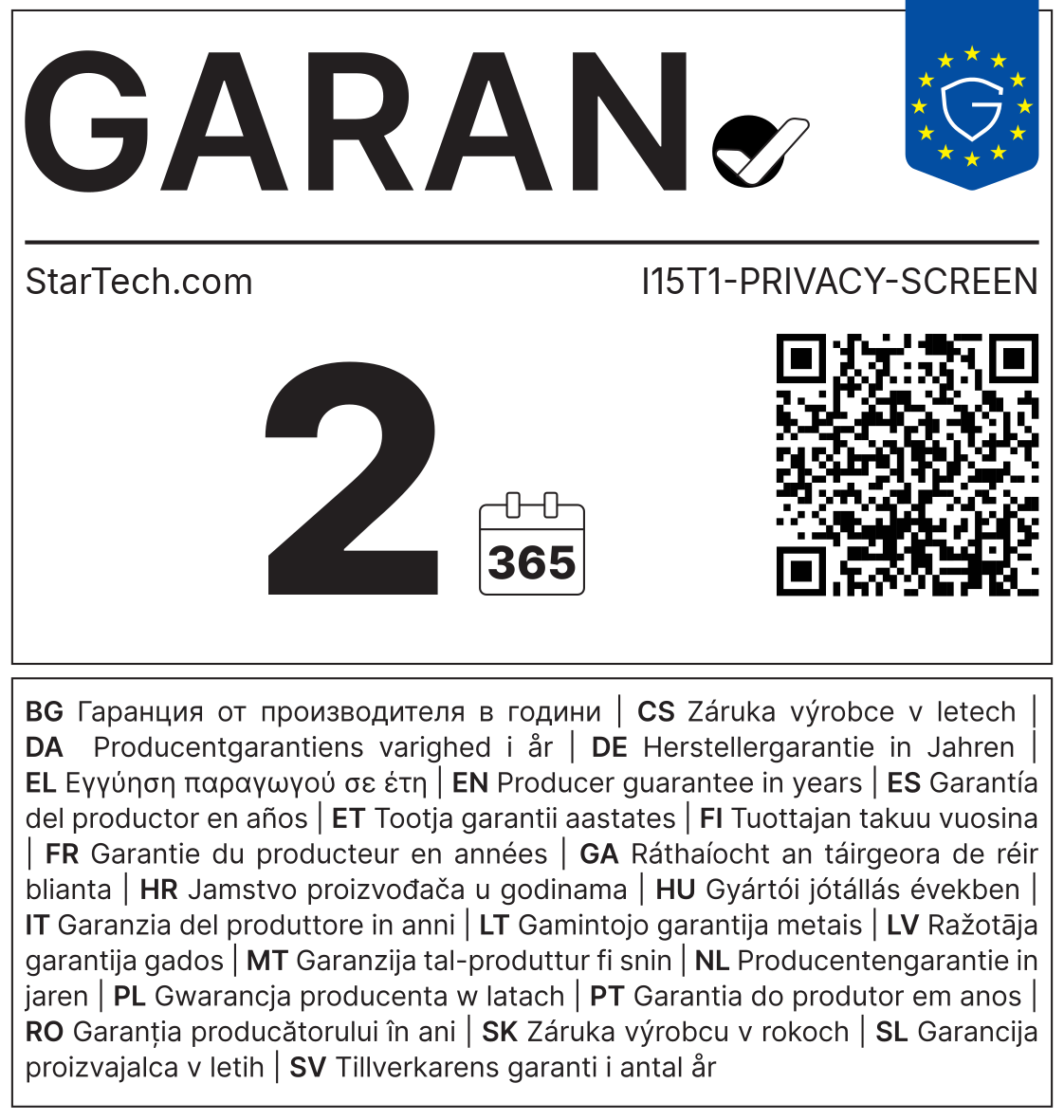 GARAN-Label: Herstellergarantie StarTech.com I15T1-PRIVACY-SCREEN