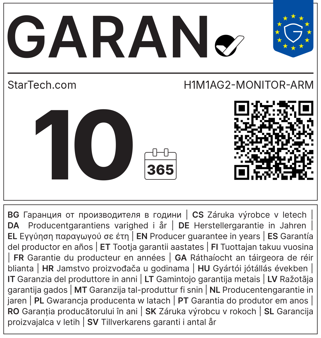 GARAN-Label: Herstellergarantie StarTech.com H1M1AG2-MONITOR-ARM