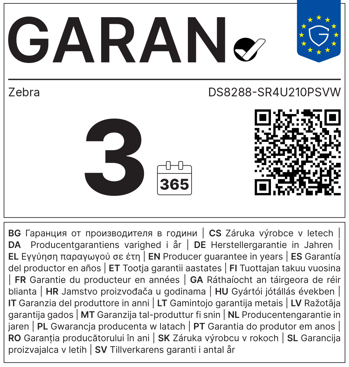 GARAN-Label: Herstellergarantie Zebra DS8288-SR4U210PSVW