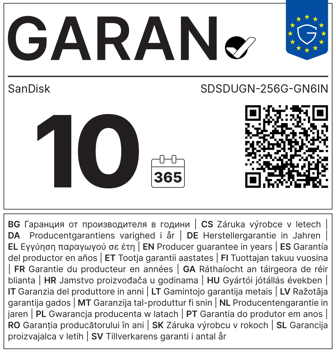 GARAN-Label: Herstellergarantie SanDisk SDSDUGN-256G-GN6IN