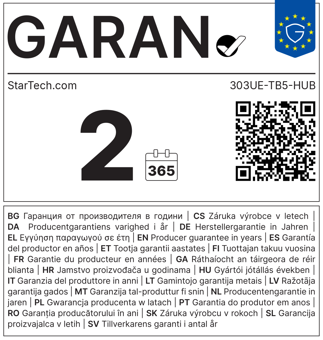 GARAN-Label: Herstellergarantie StarTech.com 303UE-TB5-HUB
