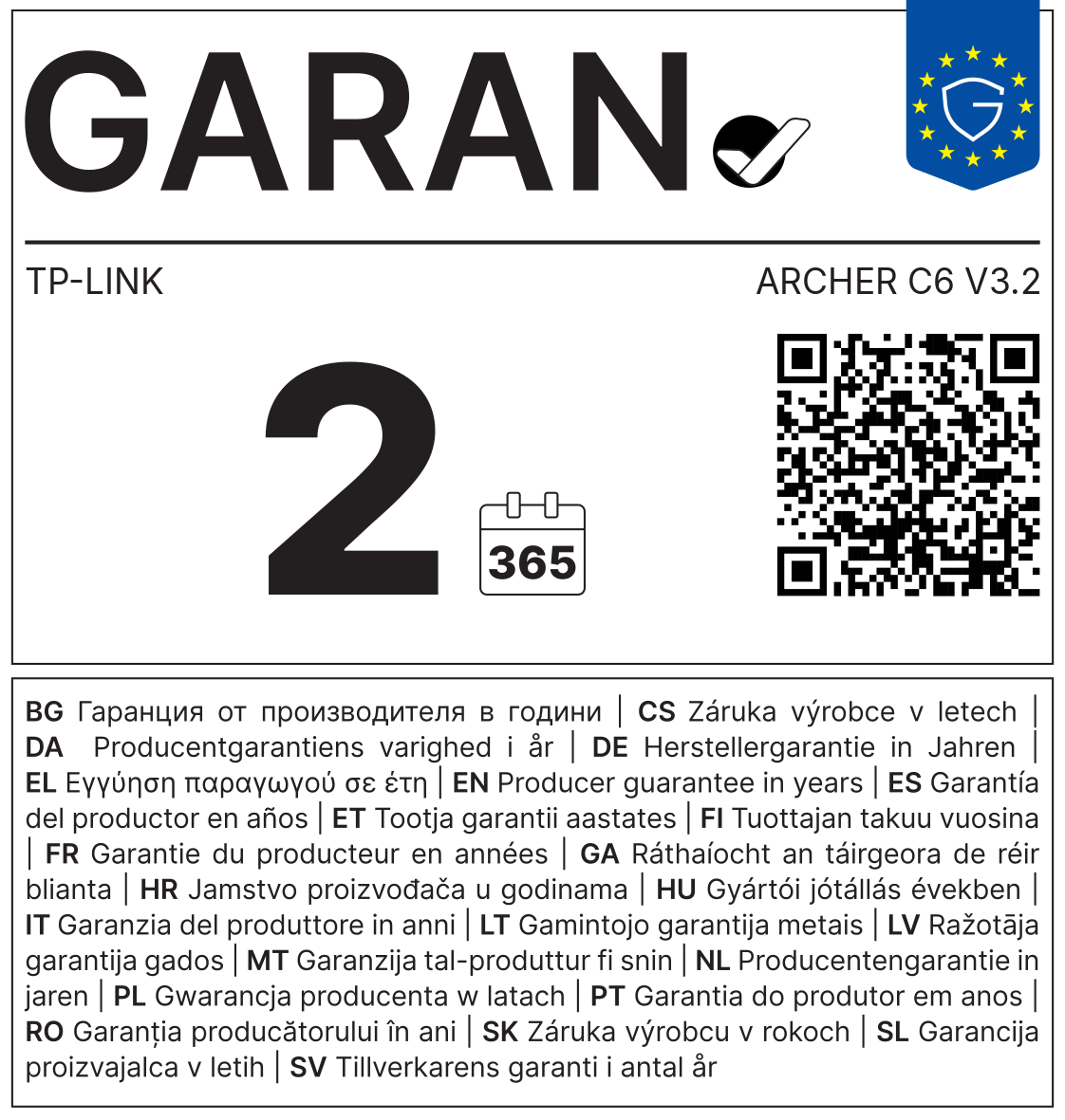 GARAN-Label: Herstellergarantie TP-LINK ARCHER C6 V3.2