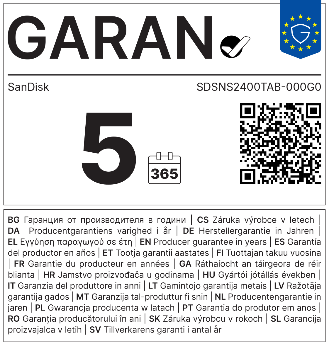 GARAN-Label: Herstellergarantie SanDisk SDSNS2400TAB-000G0
