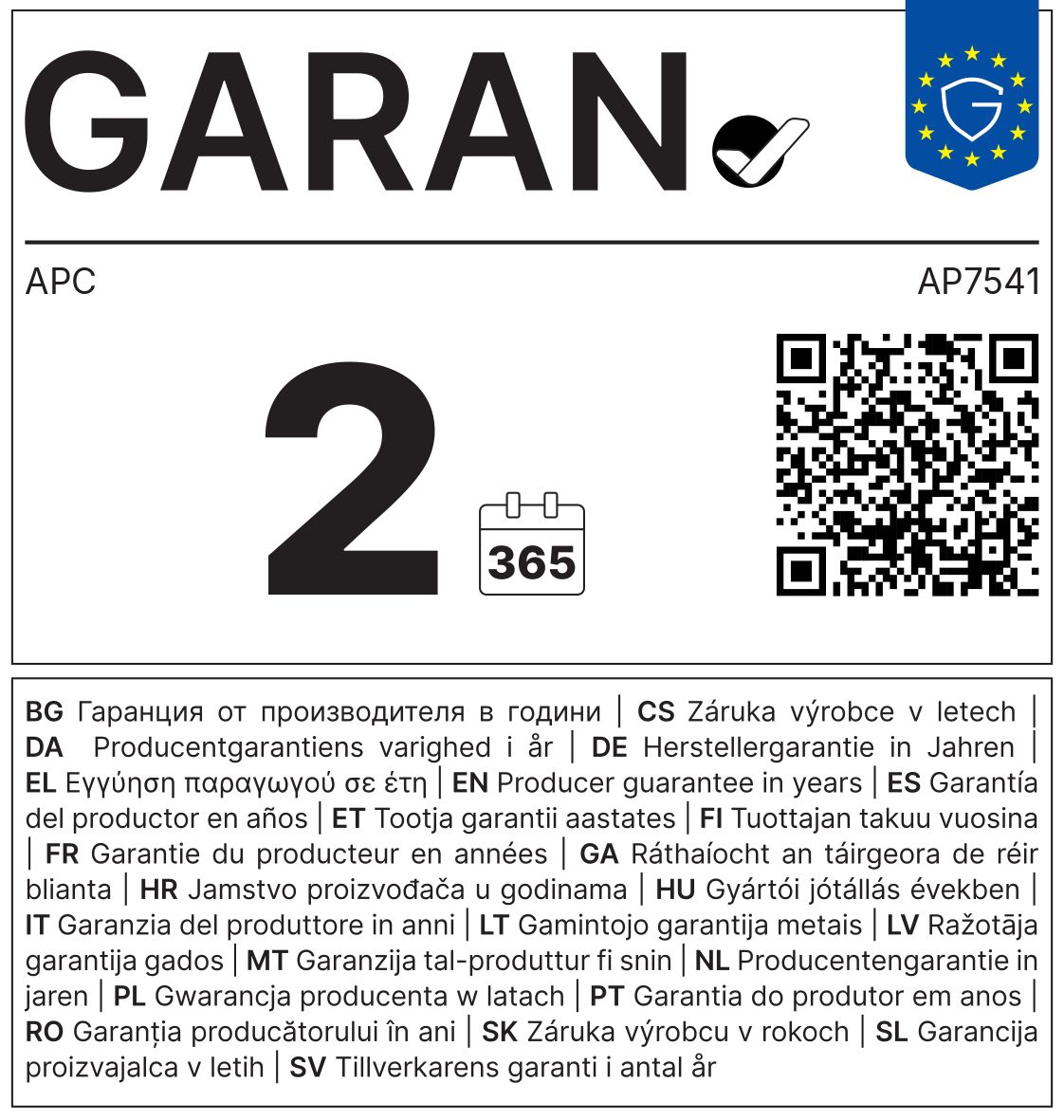 GARAN-Label: Herstellergarantie APC AP7541