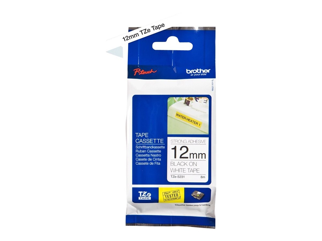 Brother TZe-S231 - Extra starker Klebstoff - Schwarz auf Weiß - Rolle (1,2 cm x 8 m)
