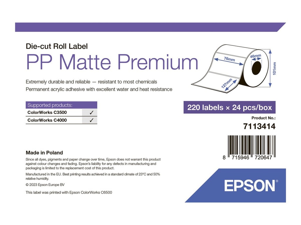 Epson Premium - Polypropylen (PP) - matt - permanenter Acrylklebstoff - 76 x 127 mm 5280 Etikett(en) (24 Rolle(n)