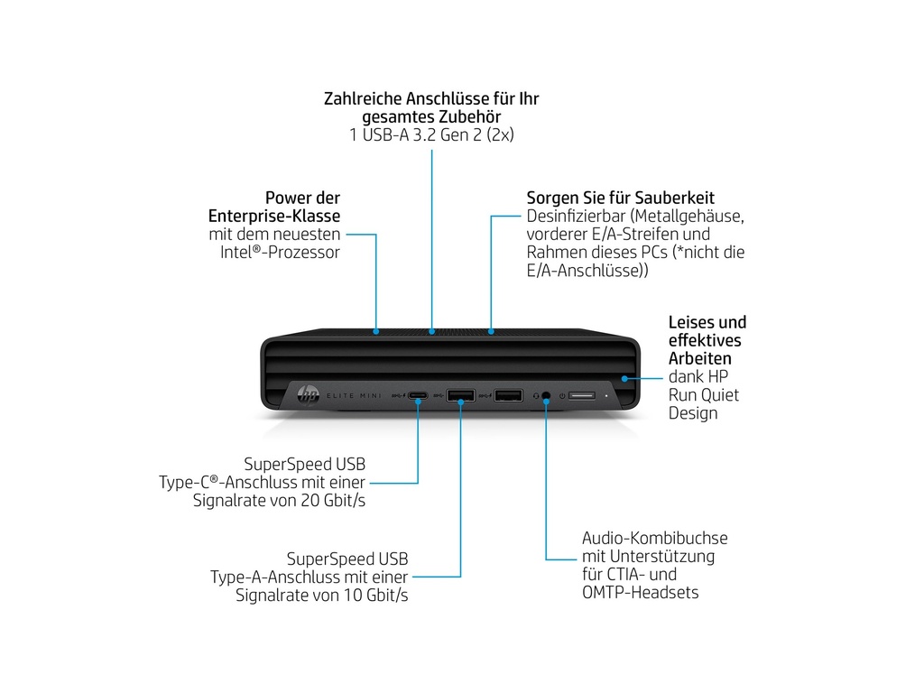HP Elite 800 G9 - Mini Desktop - Core i9 i9-14900T - RAM 64 GB - SSD 1 TB - NVMe, TLC - UHD Graphics 770 - 1GbE, Wi-Fi 6E, Bluetooth 5.3 - WLAN: 802.11a/b/g/n/ac/ax (Wi-Fi 6E)