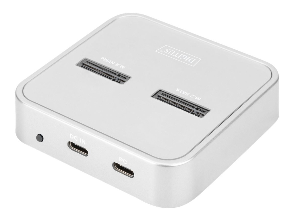 DIGITUS SSD-Dockingstation mit Datenanzeige, SD Express Kartenlesegerät Schächte: 2 - M.2 - M.2 Card (PCIe NVMe & SATA)