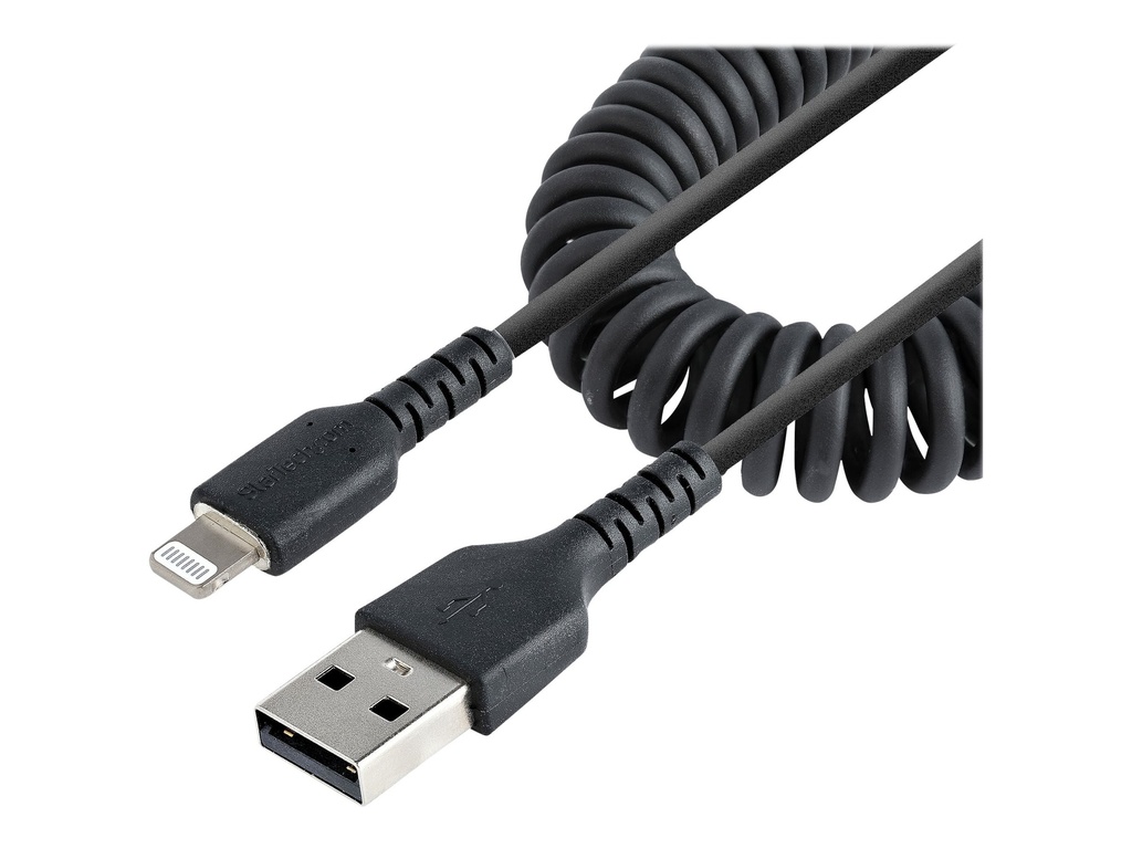 StarTech.com Startech 1m USB auf Lightning Kabel, Spiralkabel, MFi zertifiziert, Schnellladekabel für iPhone/iPad, Schwarz, robuster TPE Mantel mit Aramidfaser, USB 2.0 Kabel (RUSB2ALT1MBC)