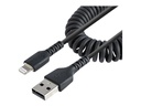StarTech.com 1m USB auf Lightning Kabel, Spiralkabel, MFi zertifiziert, Schnellladekabel für iPhone/iPad, Schwarz, robuster TPE Mantel mit Aramidfaser, USB 2.0 Kabel (RUSB2ALT1MBC)