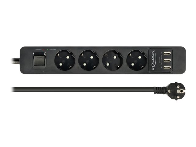 [11209] Delock Extension Socket - Steckdosenleiste - Wechselstrom 250 V - 4000 Watt - Eingabe, Eingang power CEE 7/7 - Ausgangsanschlüsse: 4 (3 x USB Typ A, 4 x CEE 7/3)