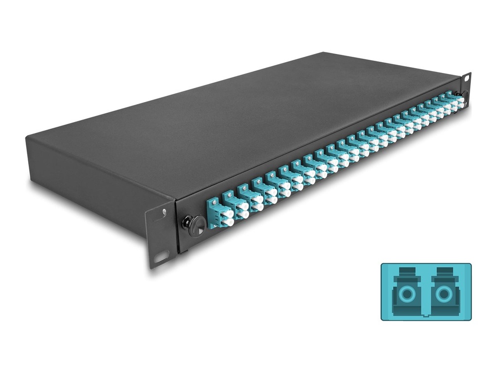 Delock Glasfaserkabelkiste - OM3, komplett montiert - Vorderseite - Rack montierbar - LC Duplex x 24 - Schwarz - 1U - 48.3 cm (19")