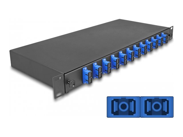 Delock Glasfaserkabelkiste - OS2, montiert - Vorderseite - Rack montierbar - SC Duplex X 12 - Schwarz - 1U - 48.3 cm (19")