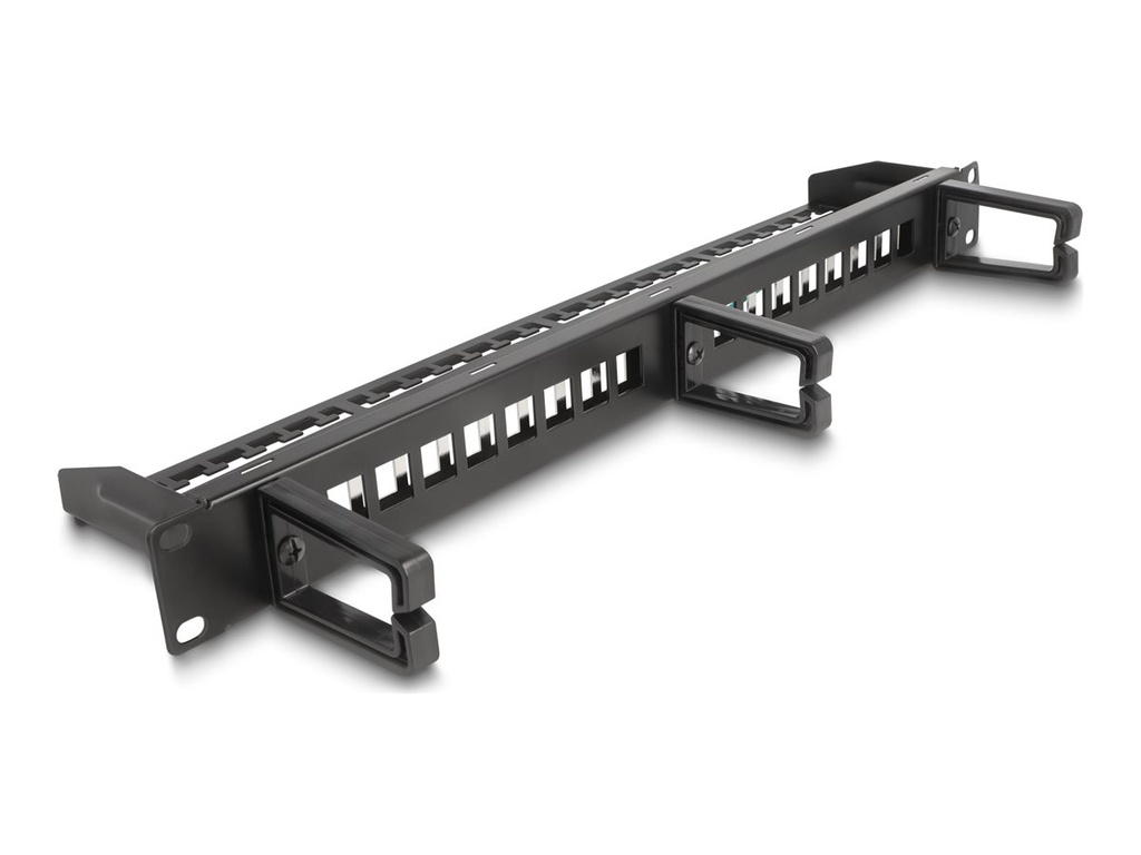 Delock Patch Panel - mit 3 Haken, Zugentlastung - Schrankmontage - Schwarz - 1U - 48.3 cm (19")