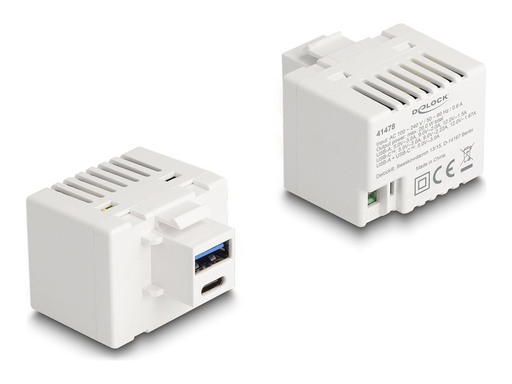 Delock Netzteil - 20 Watt - 3 A - PD - 2 Ausgabeanschlussstellen (USB Typ A, 24 pin USB-C)