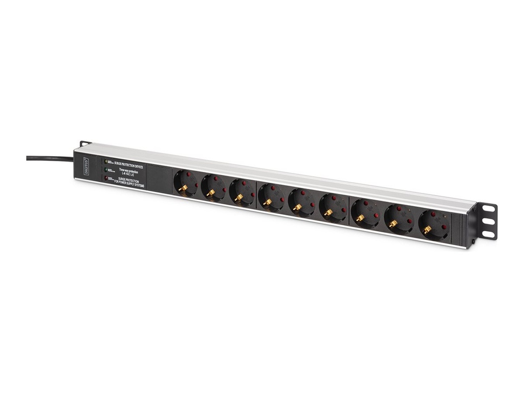 DIGITUS Steckdosenleiste (Rack - einbaufähig) - aluminum profile, surge protection, integrated mains filter - Wechselstrom 230 V - 3600 Watt - Eingabe, Eingang power CEE 7/7 - Ausgangsanschlüsse: 9 (DIN 49440)