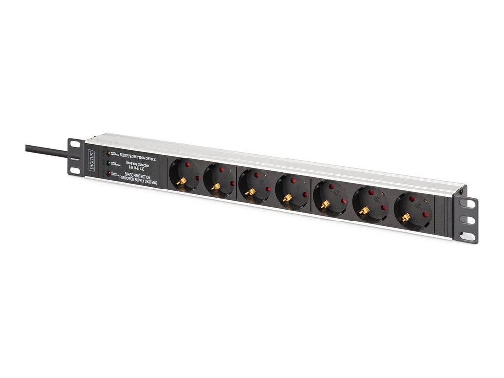 DIGITUS Steckdosenleiste (Rack - einbaufähig) - aluminum profile, with surge protection, integrated mains filter - Wechselstrom 230 V - Eingabe, Eingang power CEE 7/7 - Ausgangsanschlüsse: 7 (DIN 49440)