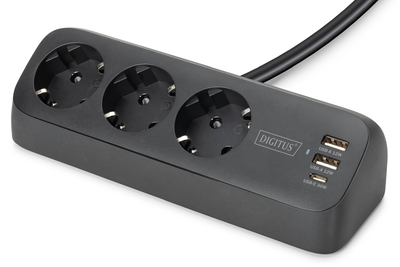 DIGITUS 3-fach Office-Steckdosenleiste mit 2x USB-A und 1x USB-C Anschlüssen, Schwarz