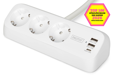 DIGITUS 3-fach Office-Steckdosenleiste mit 2x USB-A und 1x USB-C Anschlüssen, Weiß