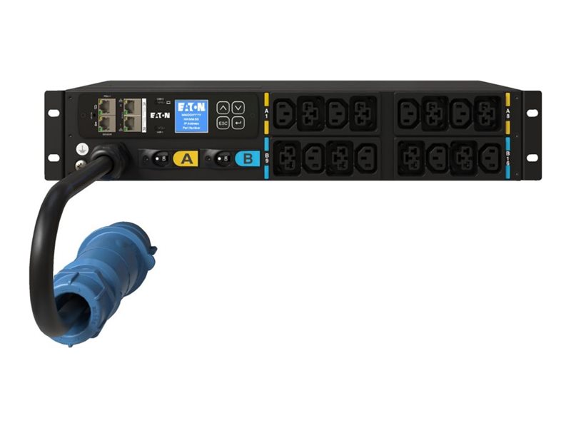 Eaton G4 - Stromverteilungseinheit (Rack - einbaufähig) - gemessener Eingang - Wechselstrom 100-240 V - 7.4 watt - 1-phasig - Ethernet 10/100/1000, serial - Eingabe, Eingang IEC 60309 32A - Ausgangsanschlüsse: 16 (8x IEC 60320 C13, 8 x IEC 60320 C39)
