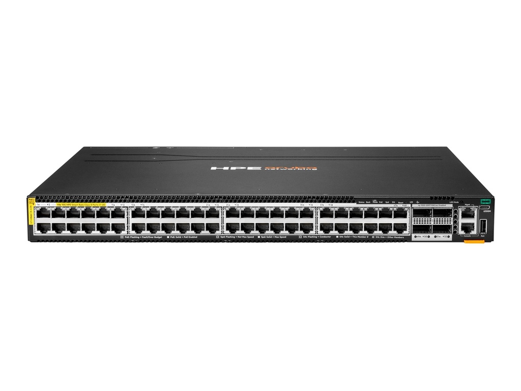 HPE Aruba Networking CX 6300M 48p SR10 1G/2.5G/5G/10G PTP/AVB Class8 PoE 4p 100G MACsec Switch - Switch - nur horizontale Oberflächenmontage - L3 - managed - 48 x 100/1000/2.5G/5G/10GBase-T (PoE++)