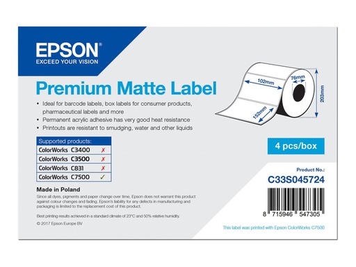 [C33S045724] Epson Premium - Matt - permanenter Acrylklebstoff - 102 x 152 mm 3200 Etikett(en) (4 Rolle(n)