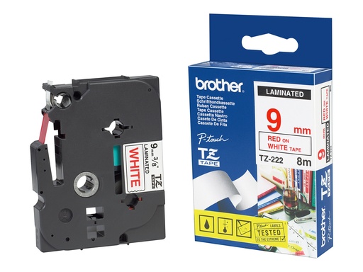[TZ222] Brother TZ222 - Rot auf Weiß - Rolle (0,9 cm x 8 m) laminiertes Band