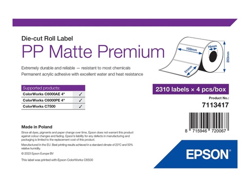 [7113417] Epson Premium - Polypropylen (PP) - matt - permanenter Acrylklebstoff - 102 x 51 mm 9240 Etikett(en) (4 Rolle(n)