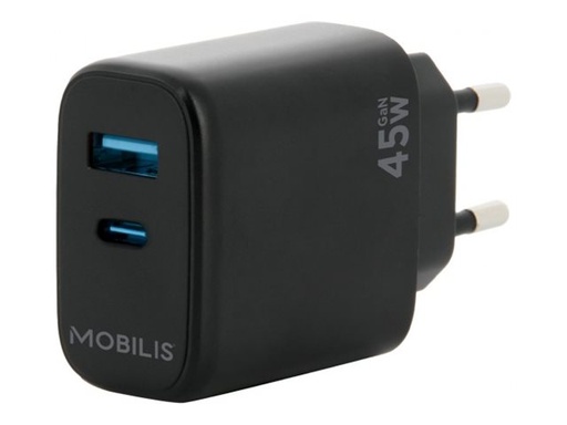 [001363] Mobilis Netzteil - schnell, GaN - 45 Watt - QC, PD/PPS - 2 Ausgabeanschlussstellen (USB, 24 pin USB-C)