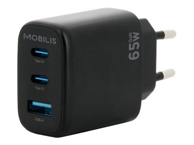 [001364] Mobilis Netzteil - GaN - 65 Watt - PD, QC - 3 Ausgabeanschlussstellen (2 x USB-C, USB)