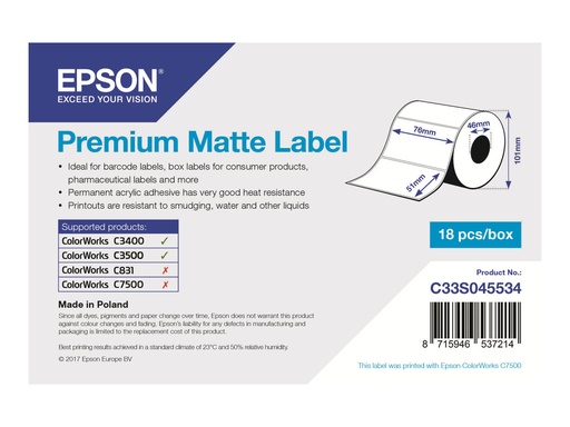 [C33S045534] Epson Premium - Matt - 76 x 51 mm 650 Etikett(en) (1 Rolle(n)