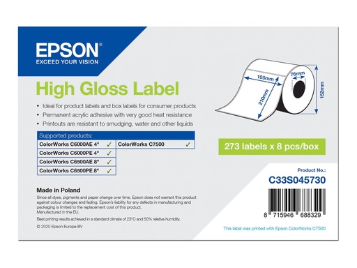 [C33S045730] Epson Hochglänzend - permanenter Acrylklebstoff - 105 x 210 mm 273 Etikett(en) (1 Rolle(n)