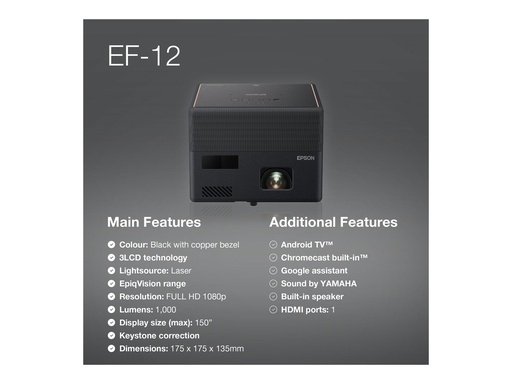 [V11HA14040] Epson EF-12 - 3-LCD-Projektor - tragbar - 1000 lm (weiß)