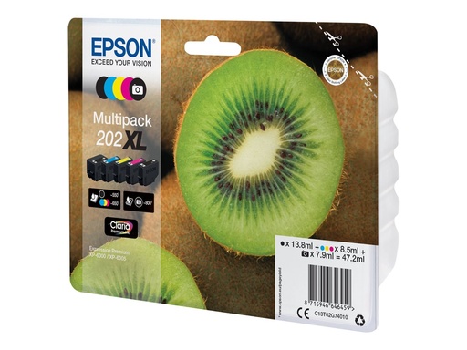 [C13T02G74010] Epson Kiwi Multipack 5-colours 202XL Claria Premium Ink - Hohe (XL-) Ausbeute - Schwarz - Foto schwarz - Cyan - Magenta - Gelb - Tinte auf Pigmentbasis - Tinte auf Farbstoffbasis - 13,8 ml - 8,5 ml