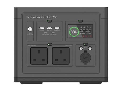 [PPS730-UK] APC Schneider OffGrid 730 - Tragbares kraftwerk - LCD, 2 BS1363-Steckdosen, Sinuswelle, 3 USB-A, 2 USB-C, kabelloses Ladegerät