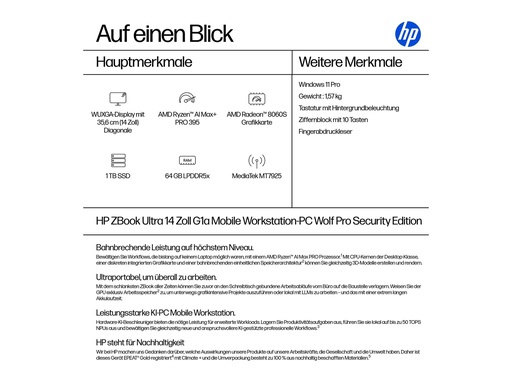 [A3ZQ2ET#ABD] HP ZBook Ultra G1a Mobile Workstation - AMD Ryzen AI Max+ 395 - Win 11 Pro - Radeon 8060S - 64 GB RAM - 1 TB SSD NVMe, TLC - 35.6 cm (14")