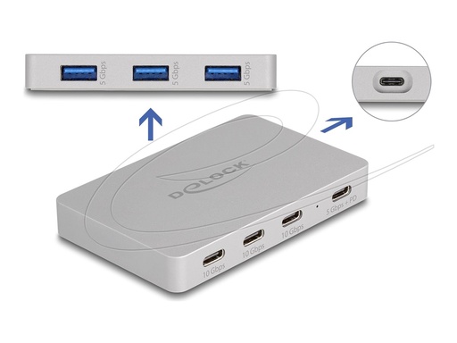 [64279] Delock Hub - with Power Delivery 82 Watt - 3 x USB-C 3.2 Gen 2 + 3 x SuperSpeed USB + 1 x USB-C (Spannungsversorgung)