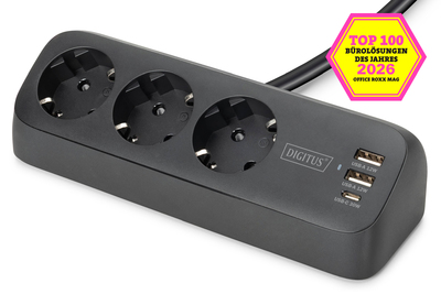 [DA-70625] DIGITUS 3-fach Office-Steckdosenleiste mit 2x USB-A und 1x USB-C Anschlüssen, Schwarz